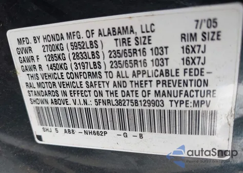 2005 Honda Odyssey Lx z USA, uszkodzony, nr VIN 5FNRL38275B129903